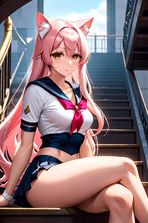  an image of a girl with thin white-pink long hair with cat ears,fantasy sailor outfit with short hitched up,black showing,golden eyes,intense expression,on staircase in a fantasy ,panty k,blushing,sitting with crossed,panty_pull hyperrealistic, full body, detailed clothing, highly detailed, cinematic lighting, stunningly beautiful, intricate, sharp focus, f/1. 8, 85mm, (centered image composition), (professionally color graded), ((bright soft diffused light)), volumetric fog, trending on instagram, trending on tumblr, HDR 4K, 8K