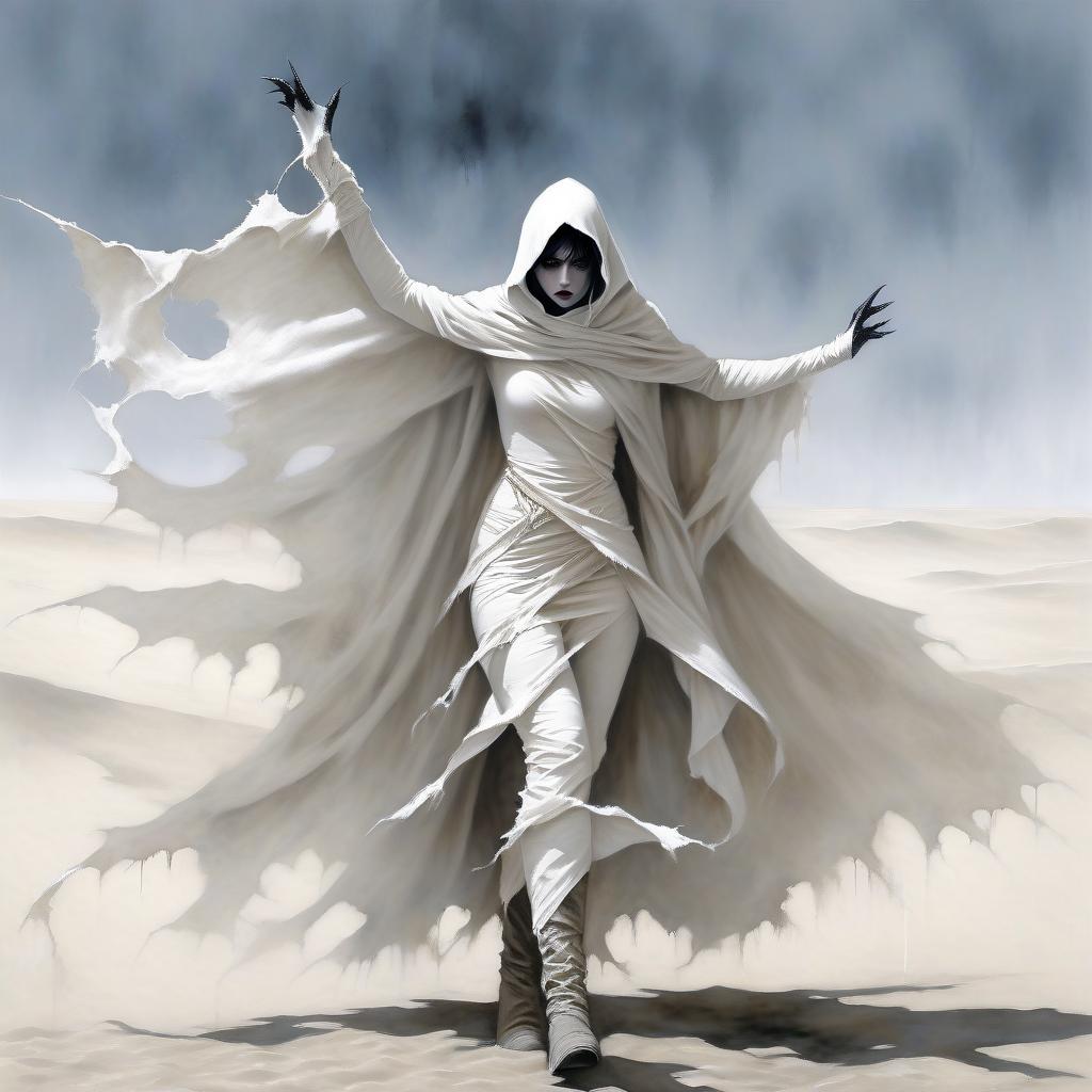  macabre style fantasy girl with a dark face in a white scarf on her face, in a white, white ragged, leaky cloak. . dark, gothic, grim, haunting, highly detailed