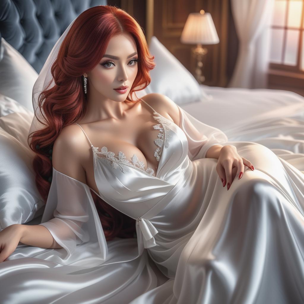  white silk nightgown, veil, woman with shorter red hair, lying on the bed, the whole body is visible hyperrealistic, full body, detailed clothing, highly detailed, cinematic lighting, stunningly beautiful, intricate, sharp focus, f/1. 8, 85mm, (centered image composition), (professionally color graded), ((bright soft diffused light)), volumetric fog, trending on instagram, trending on tumblr, HDR 4K, 8K