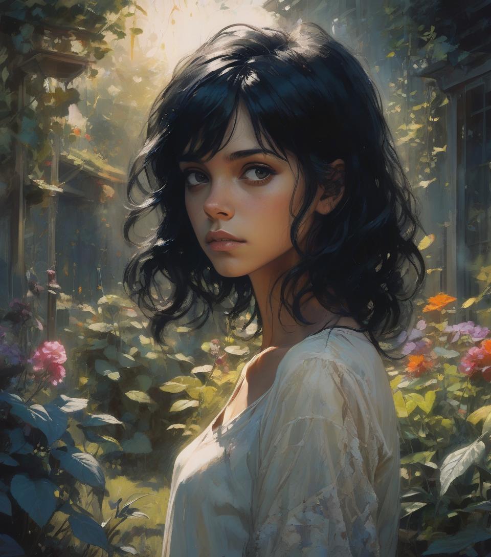  complex background, dramatic light,portrait of a girl , garden, beautiful and young, black hair , cute, delicate face, stunning, cinematic, by melanie delon, rebecca sugar, frank frazetta, carne griffiths