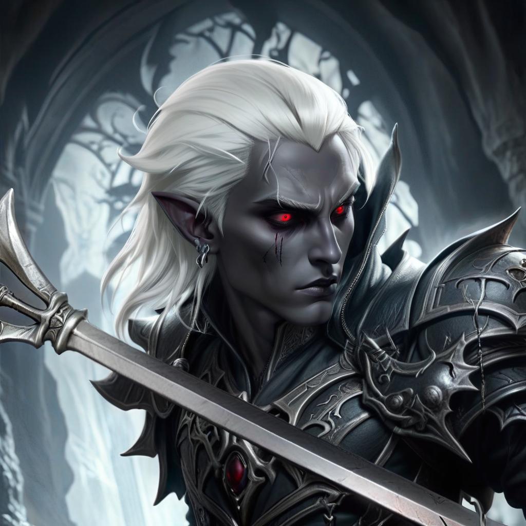  macabre style drow male elf cleric, graphite color skin, red eyes, silver medium haircut, white eyelashes, white brows, black leather jacket, dark cave temple . dark, gothic, grim, haunting, highly detailed, civitai, hkmagic