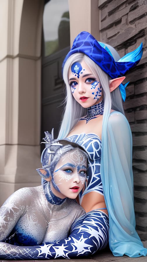  Blue and White Spider-patterned body paint in every corner of the whole body, full-body, silver body paint,Silver face paint on the face,Two elfs 女性