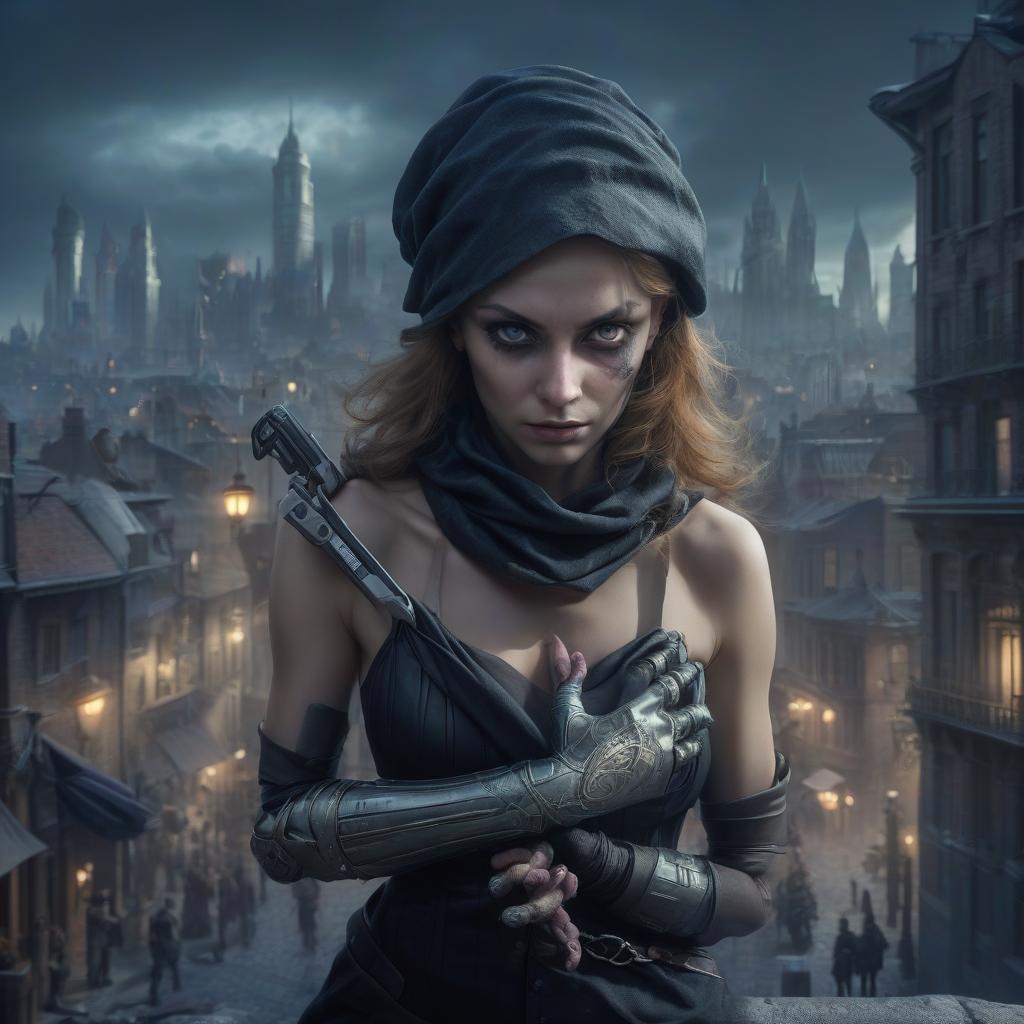  fantasy, woman, robber, prosthetic hand, city