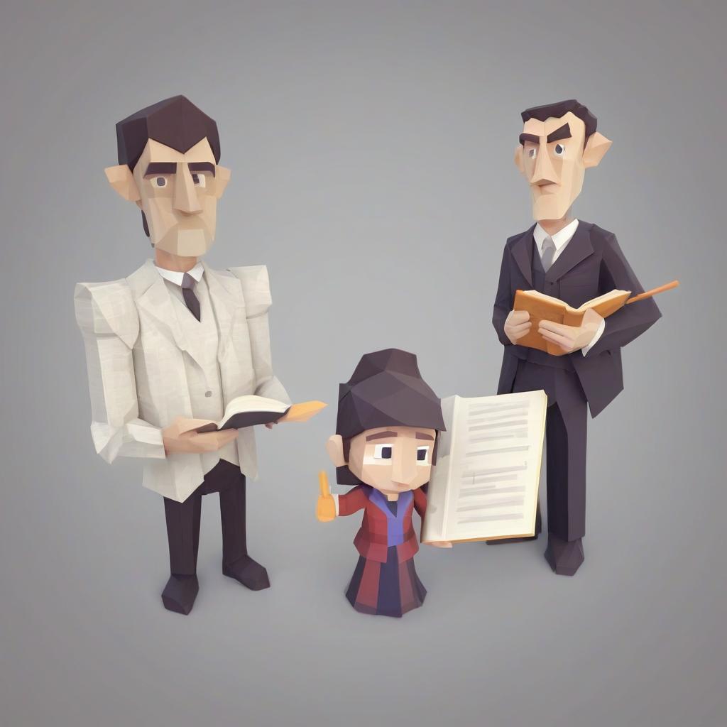  low poly style draw teachers a man and a woman who are in official costumes and write and a woman is standing with a book in her hand . low poly game art, polygon mesh, jagged, blocky, wireframe edges, centered composition