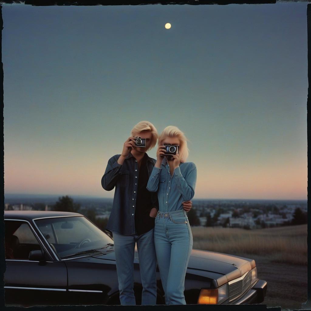  analog film photo a platinum blonde girl takes pictures on a polaroid in a black shirt and stands next to a blonde guy in a denim shirt, standing by a black car, a view from a hill, in the background the city, the time of dusk, a full light moon, the style of the 80 90s. . faded film, desaturated, 35mm photo, grainy, vignette, vintage, kodachrome, lomography, stained, highly detailed, found footage