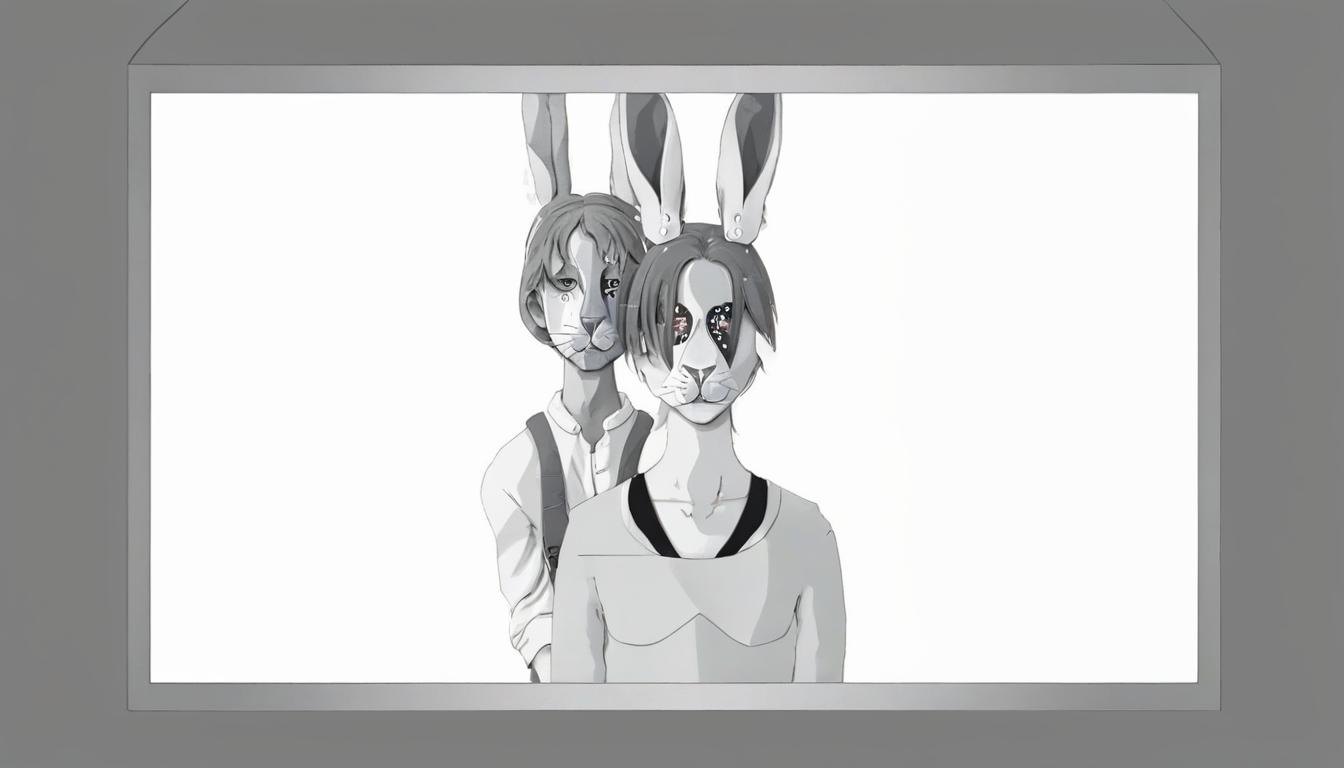  cardboard on the wall man like animals boy and girl with rabbit muzzles grey background in clothes dressed in gray clothes with stars to the eye, film photography style