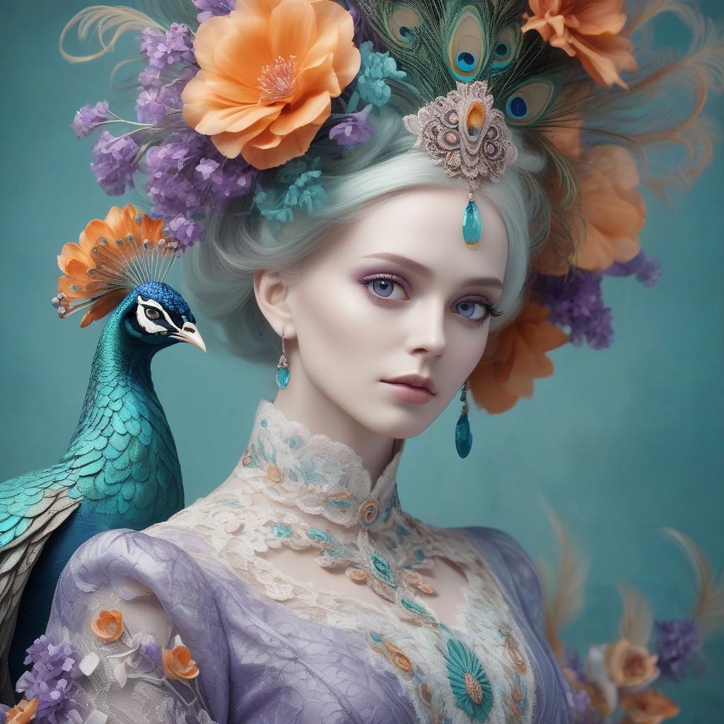  <mymodel>dynamic composition of a pale skinned woman with hair of flowers and peacock plummage of aqua, orange and purplepurple, ornate details,lacey clothes, facial closeup