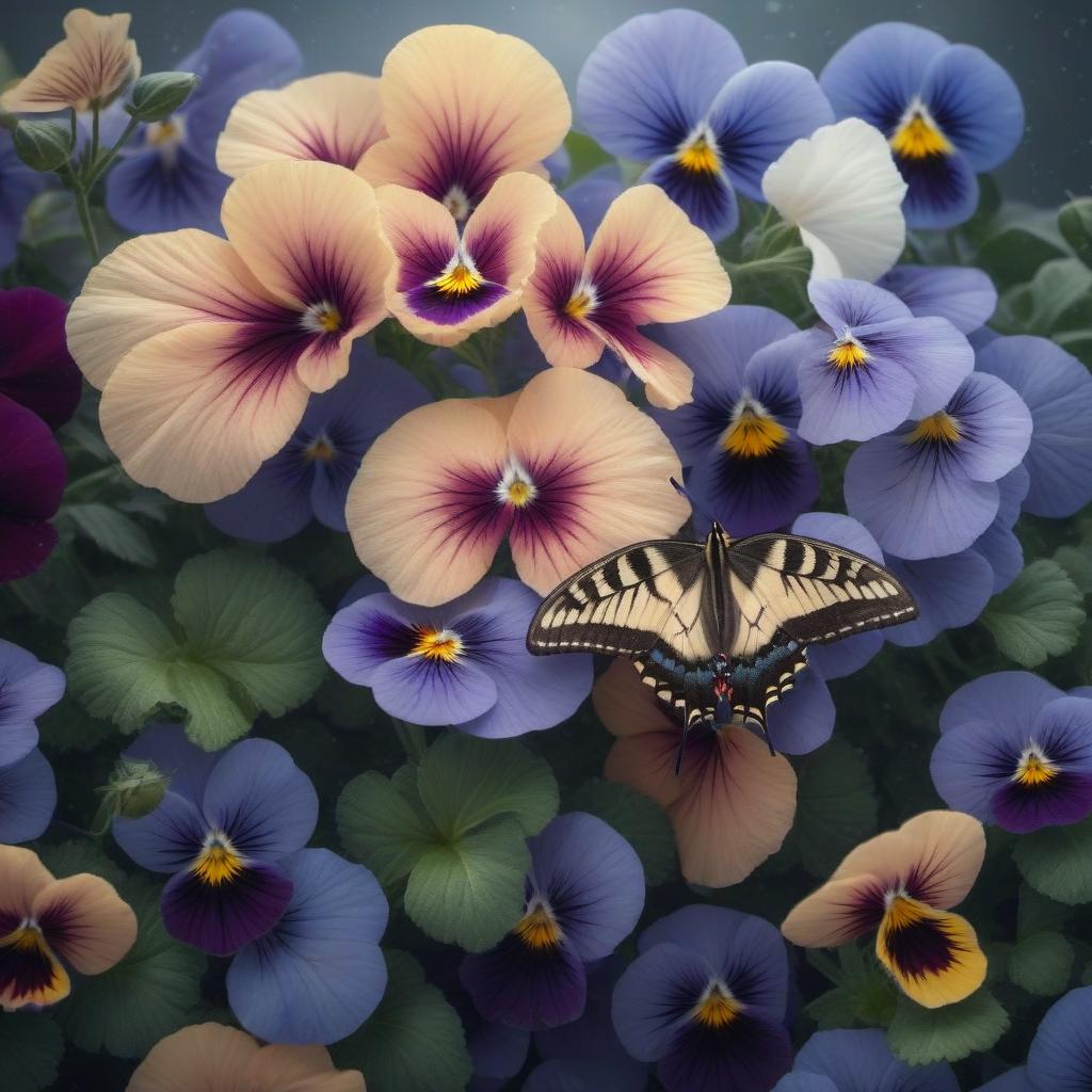  Beautiful swallowtail butterfly on pansies hyperrealistic, full body, detailed clothing, highly detailed, cinematic lighting, stunningly beautiful, intricate, sharp focus, f/1. 8, 85mm, (centered image composition), (professionally color graded), ((bright soft diffused light)), volumetric fog, trending on instagram, trending on tumblr, HDR 4K, 8K