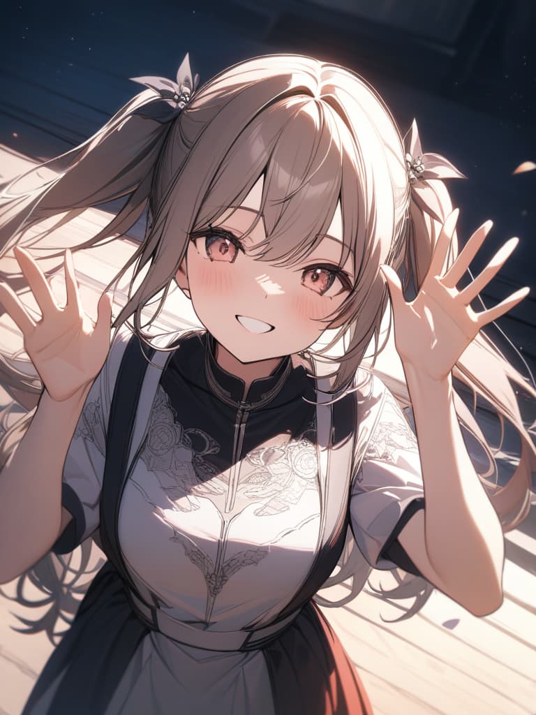  twin tails, waving hands, impressive, goodbye, girls, smiles, masterpiece, best quality,8k,ultra detailed,high resolution,an extremely delicate and beautiful,hyper detail