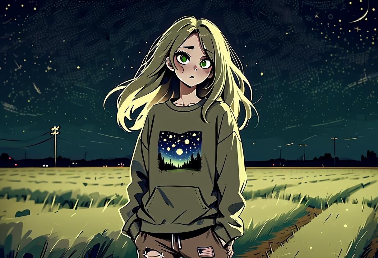  grunge style a girl in anime style with long hair runs around the field at night dressed in a khaki colored sweatshirt and pants. the girl looks at the starry sky at night with black lower eyelids under the eyes of a specific color full of fear of the unknown and curiosity. there are stars in the night sky. . textured, distressed, vintage, edgy, punk rock vibe, dirty, noisy