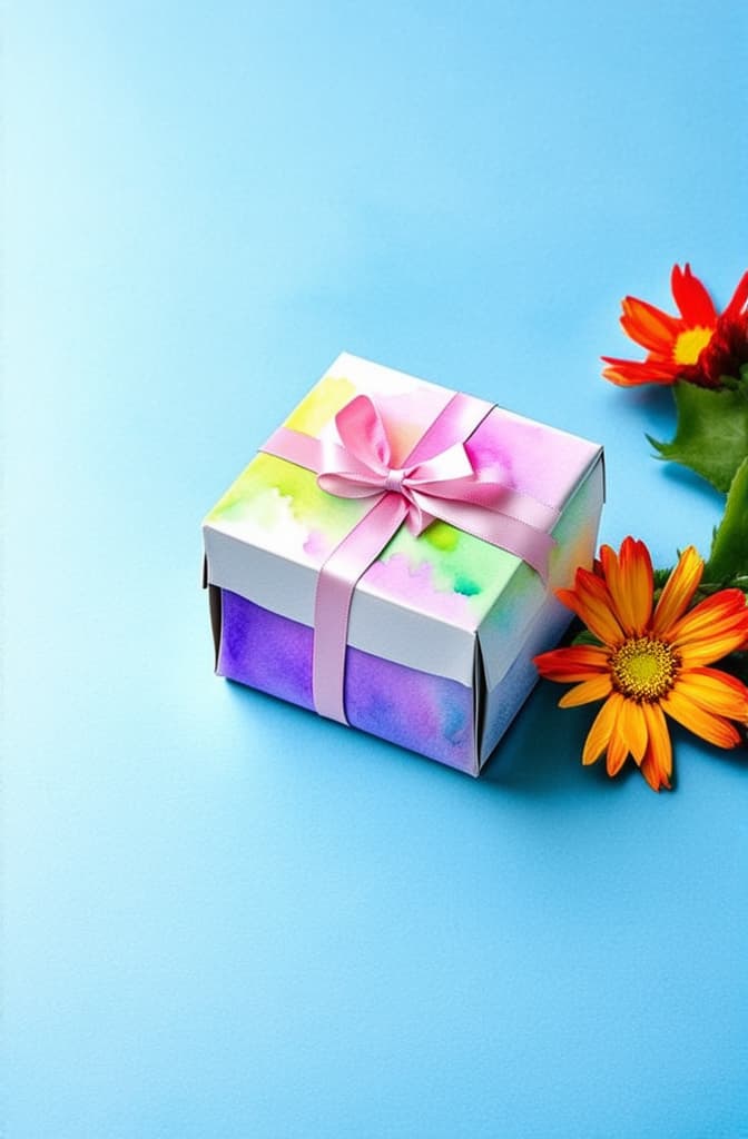  artwork gift box on a blue background, flowers nearby ar 2:3, watercolor techniques, featuring fluid colors, subtle gradients, transparency associated with watercolor art