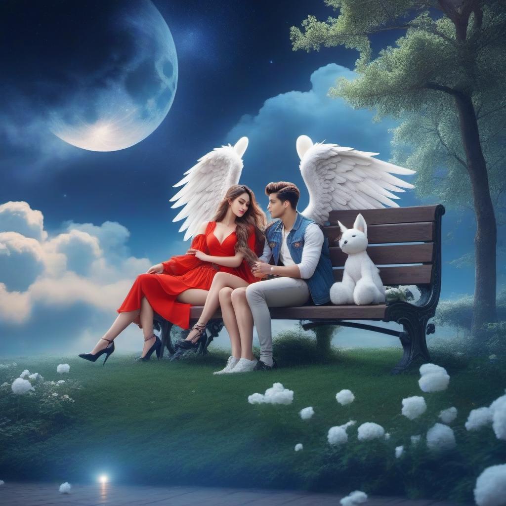  A guy and a girl are sitting on a bench There is a moon in the sky and an angel with wings hyperrealistic, full body, detailed clothing, highly detailed, cinematic lighting, stunningly beautiful, intricate, sharp focus, f/1. 8, 85mm, (centered image composition), (professionally color graded), ((bright soft diffused light)), volumetric fog, trending on instagram, trending on tumblr, HDR 4K, 8K