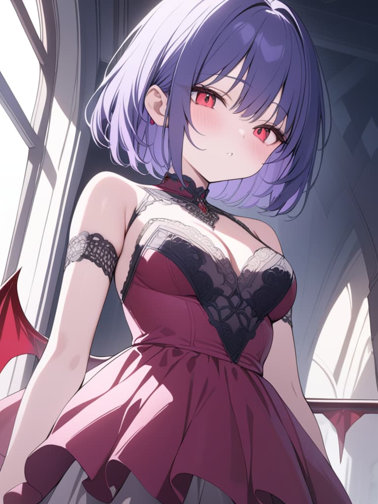  blue purple hair, bob hair, short hair, pink dress, red eye, vampire, devil feather, , young, red spear, young , dress, dress with ribbon, ta, masterpiece, best quality,8k,ultra detailed,high resolution,an extremely delicate and beautiful,hyper detail