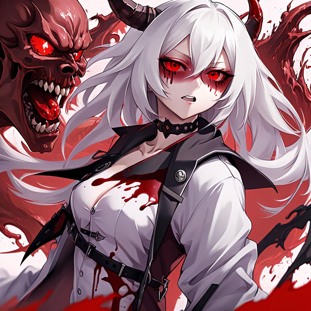  anime artwork demon , white hair, asian, red shades, blood on the face, . anime style, key visual, vint, studio anime, highly detailed