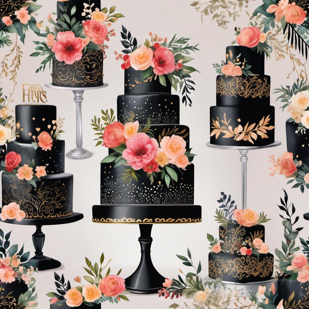  three tier modern black wedding cakes , watercolor style