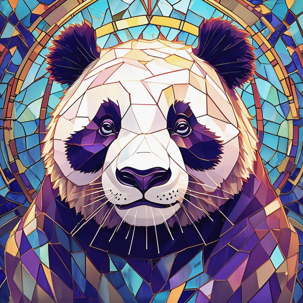  "a portrait of a big full body smiling panda head, viewed from the front, with the panda looking directly into the camera. the pandas head is artistically crafted from stained glass in shades of purple and cyan. the glass is meticulously designed to give the illusion of being shattered, creating an intricate mosaic effect that captures the light and gives the panda body a dynamic, fragmented appearance."