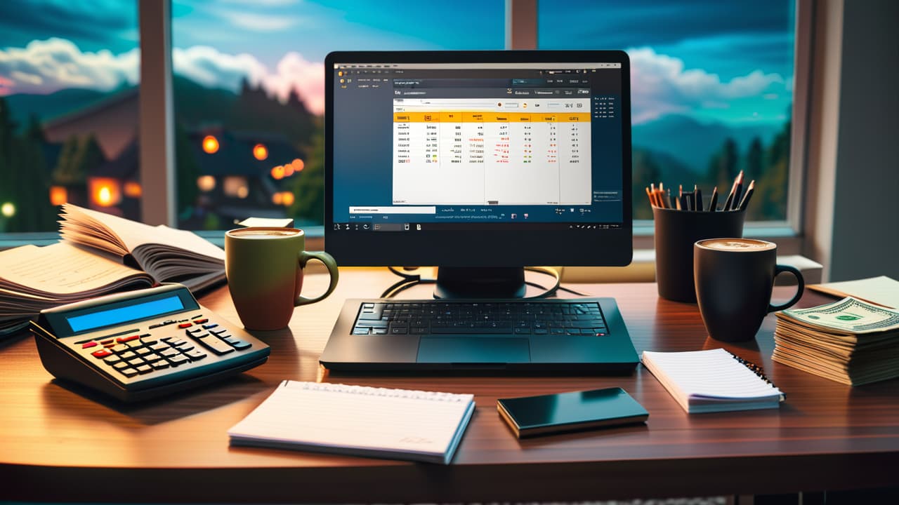  a close up of a beginner's trading desk featuring a laptop displaying stock charts, a notepad with handwritten notes, a calculator, and a cup of coffee, all surrounded by $500 in cash. hyperrealistic, full body, detailed clothing, highly detailed, cinematic lighting, stunningly beautiful, intricate, sharp focus, f/1. 8, 85mm, (centered image composition), (professionally color graded), ((bright soft diffused light)), volumetric fog, trending on instagram, trending on tumblr, HDR 4K, 8K