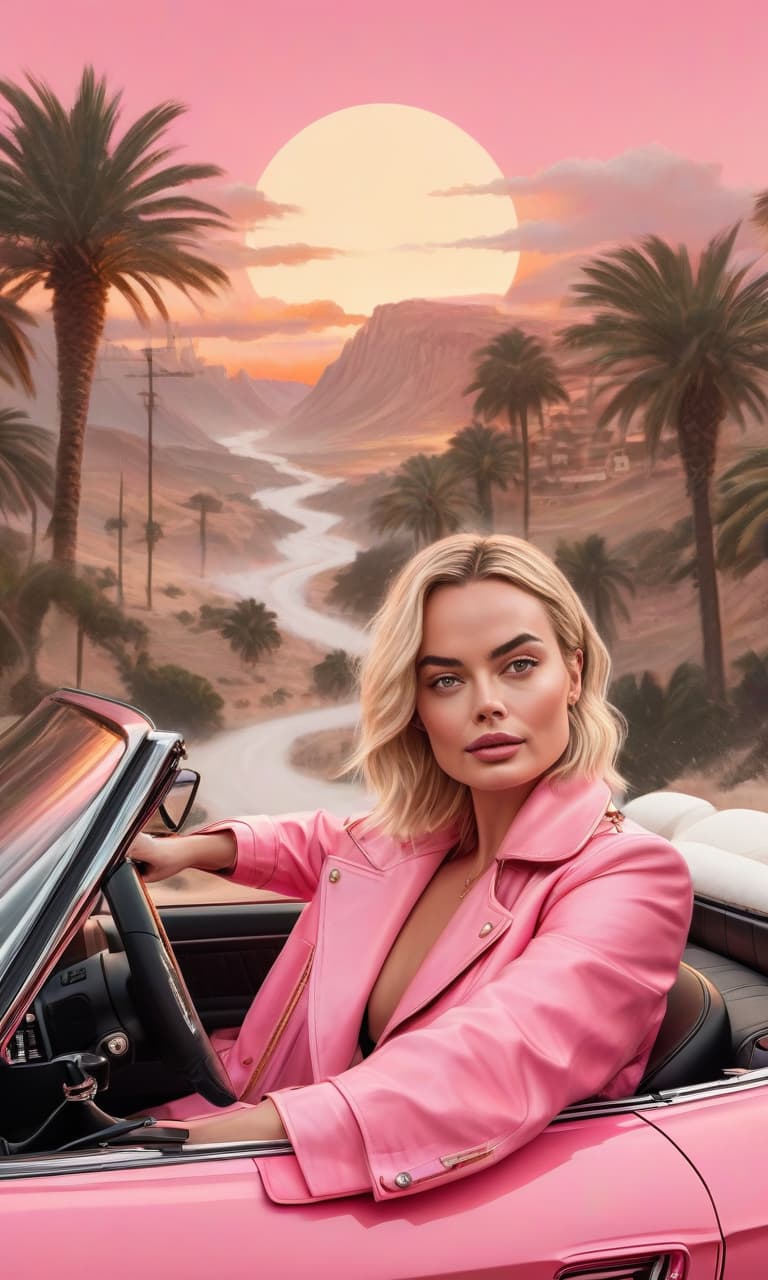  concept art tarot color pink, white, black, gold sunset margot robbie and ryan gosling ride a mustang pink convertible . digital artwork, illustrative, painterly, matte painting, highly detailed, perfect hands