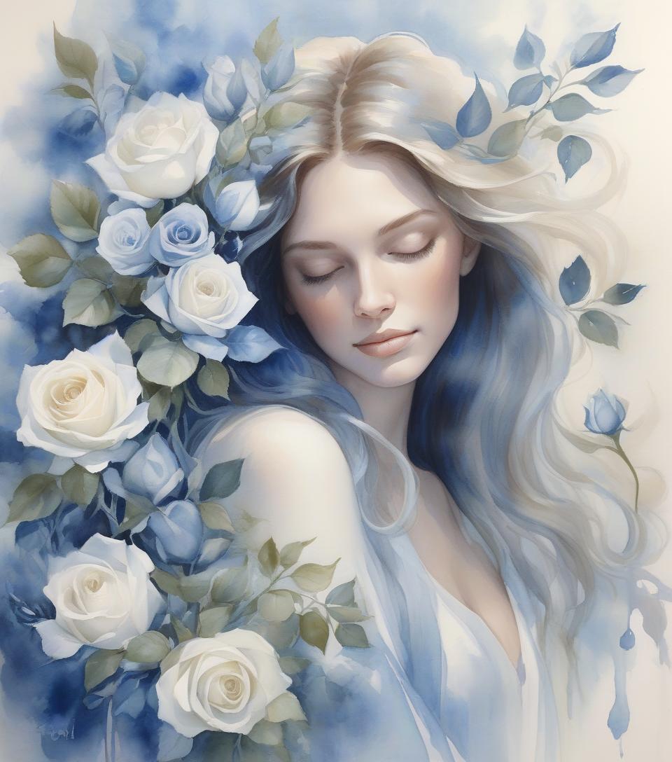  watercolor painting a serene woman with flowing hair holds blue and white roses, surrounded by soft light and delicate leaves, embodying grace and beauty in a captivating portrait . vibrant, beautiful, painterly, detailed, textural, artistic