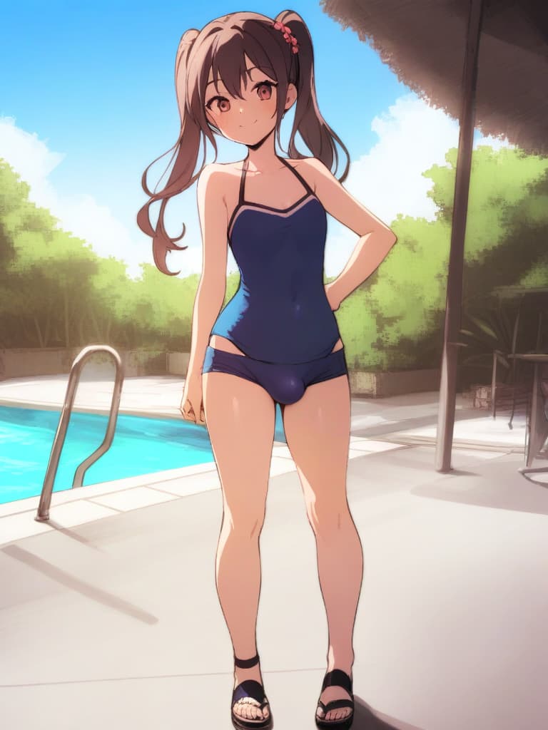  junior high s, twin tails, cute smiles, swimwear, swimwear, old swimwear, s with , (clear , bulge, phimosis), flirt, whole body, pool side,