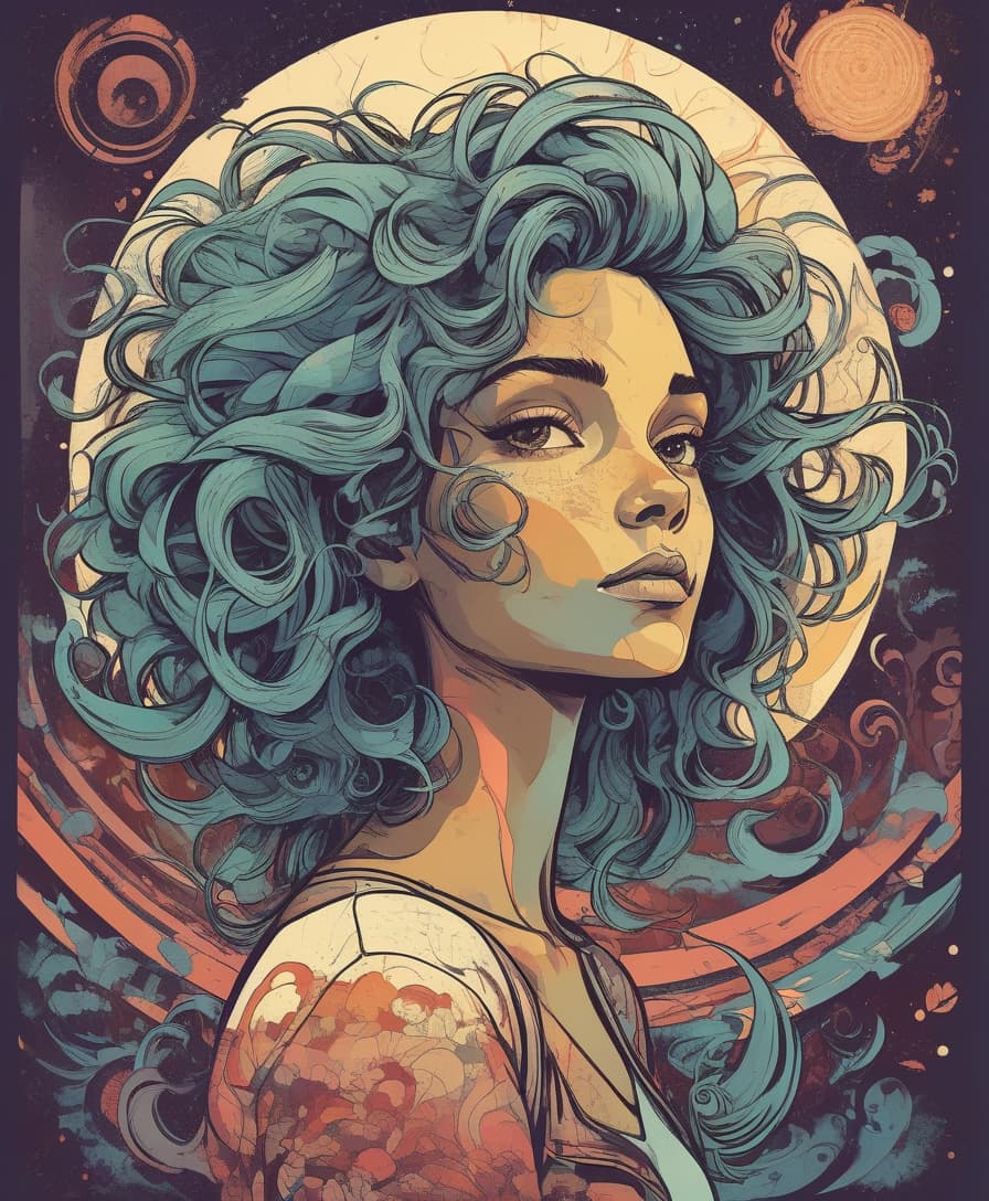  grunge style light, centered, colorful, modern illustration of a girl with wild swirling hair full of landscapes. portrait, fibonacci sequence, tessellation, art nouveau, heavy outline comic book . textured, distressed, vintage, edgy, punk rock vibe, dirty, noisy