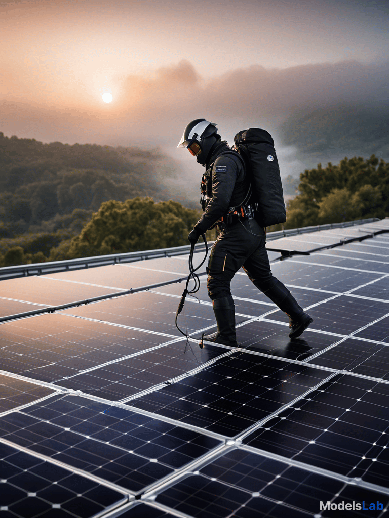  black solar panels on the roof at sunrise, macro shot, photorealistic hyperrealistic, full body, detailed clothing, highly detailed, cinematic lighting, stunningly beautiful, intricate, sharp focus, f/1. 8, 85mm, (centered image composition), (professionally color graded), ((bright soft diffused light)), volumetric fog, trending on instagram, trending on tumblr, HDR 4K, 8K