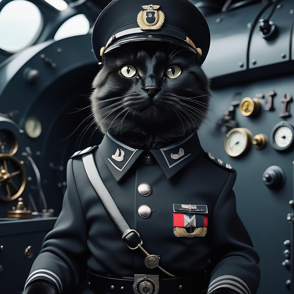  a furry black cat in the style of a german captain from the second world war, in a submarine