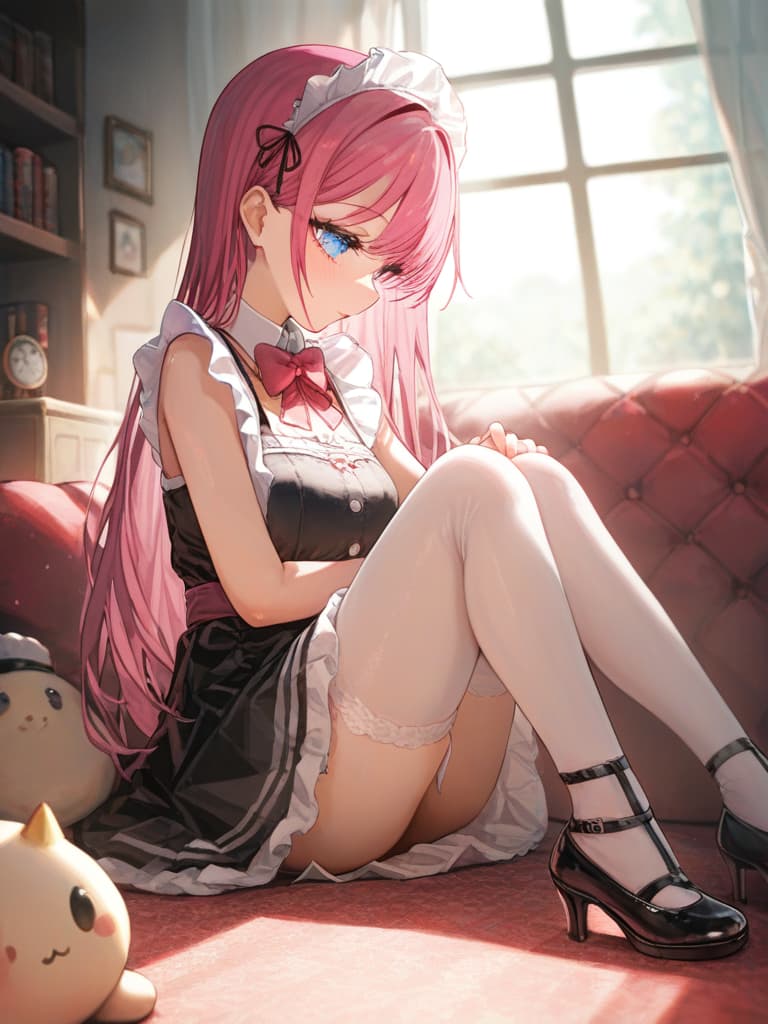  pink hair, blue eyes, maid clothes, skirt short, super long long hair, in the castle, garter stocking, pin heel, a doll like a doll, masterpiece, best quality,8k,ultra detailed,high resolution,an extremely delicate and beautiful,hyper detail