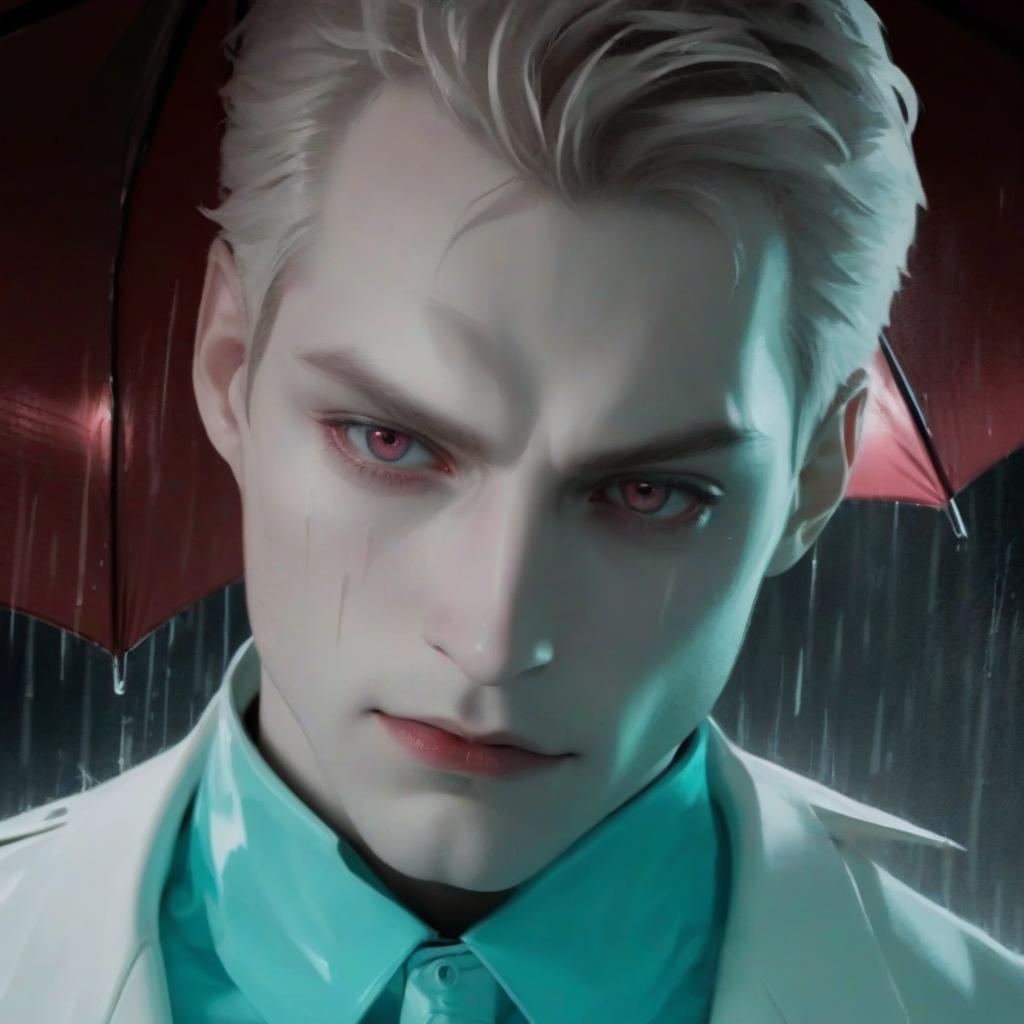  adult male. vampire. pale skin. sharp features. dangerous look. beautiful eyes. in a white jacket. under a red umbrella. rain.