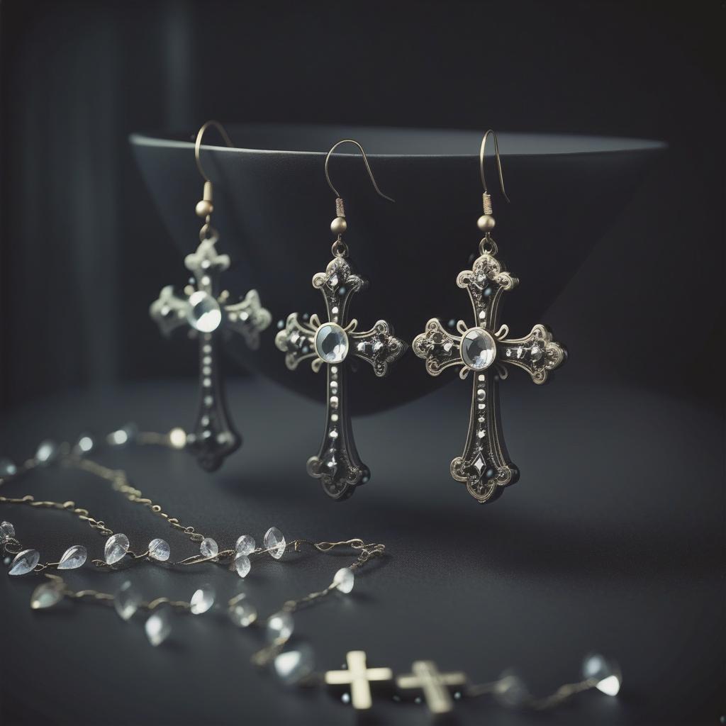  lovecraftian horror prompt: delicate gothic cross earrings with teardrop shaped crystals, intricate details, elegant jewelry design, dramatic lighting, high resolution, stunning craftsmanship, fine art photography, dark background, masterpiece negative prompt: low quality, poorly designed, blurry, cheap materials, oversized, out of frame, low detail, grainy, cartoonish . eldritch, cosmic horror, unknown, mysterious, surreal, highly detailed, hkmagic