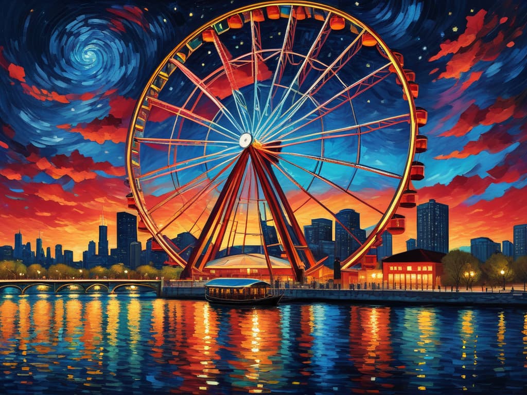  concept art chicago’s centennial ferris wheel, chicago’s navy pier, van gogh's starry starry night with colorful red and orange swirls in the beautiful night sky, chicago skyline with colorful van gogh swirls in the sky, hyper realistic, chicago skyline, mesmerizing, intricate details, flambient golden and red sunrise, dramatic lighting, epic composition, wide angle, cinematic, masterpiece, high resolution, sharp details, best quality, 4k, raw photo, van gogh influence, studio lighting, impressionist, bold colors, starry sky, architectural elements, medium format lens, high angle, cityscape, city life, metropolitan, van gogh's brushstrokes, van gogh's shadows, van gogh's colors, van gogh's textures, nighttime, city scene, streets, night