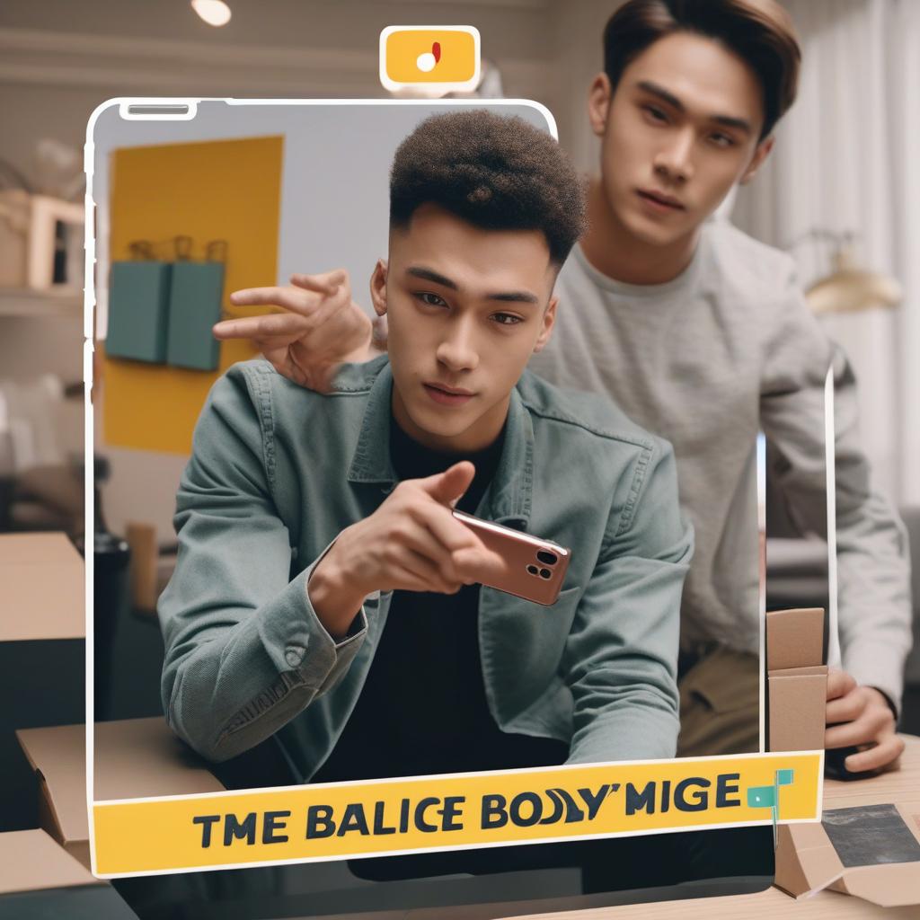  masterpiece, best quality, A youtube thumbnail showing a young man well dress pointing at a mobile phone that is inside a box on a table, the man's body is on the right side and the image is clear