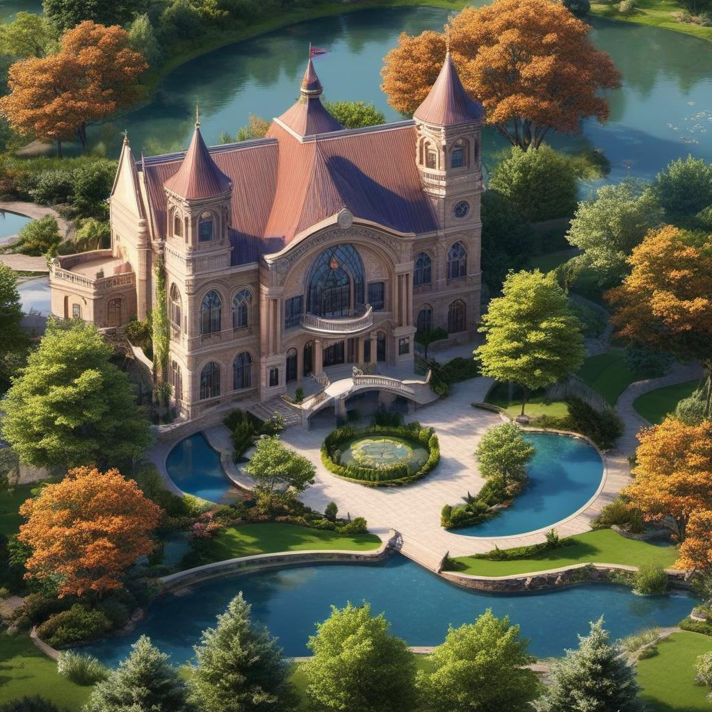  ideal high school exterior aerial over a treehouse and ponds, grand entrance, big arches and windows, mystical style