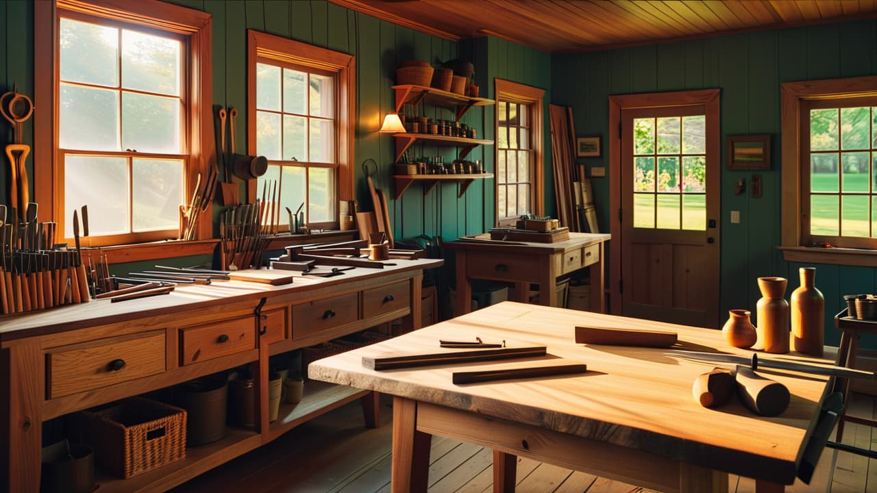  a serene woodworking shop, featuring a sturdy wooden workbench, hand tools like chisels and saws, and a beautifully crafted wooden piece in progress, surrounded by warm, natural light filtering through a window. hyperrealistic, full body, detailed clothing, highly detailed, cinematic lighting, stunningly beautiful, intricate, sharp focus, f/1. 8, 85mm, (centered image composition), (professionally color graded), ((bright soft diffused light)), volumetric fog, trending on instagram, trending on tumblr, HDR 4K, 8K