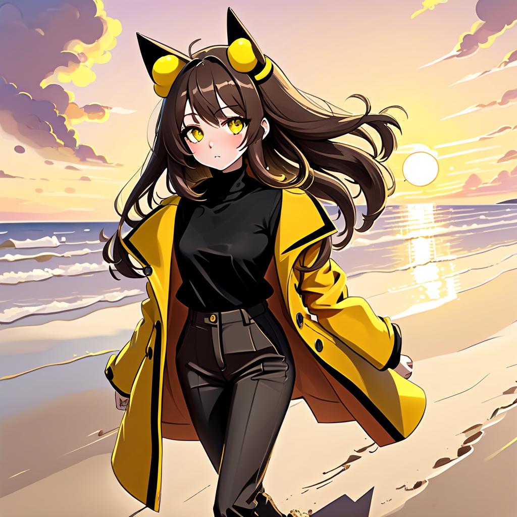  constructivist style an anime style girl with anime ears walks along the beach, where soft sand extends to the horizon. she has long dark brown hair, which flies slightly in the breeze. her face, with pronounced jewish and slavic features, radiates lively energy. brown eyes are full of deep emotions, as if reflecting the vast expanses of the ocean. she has a bright yellow coat, which seems to shine, catching the eye and contrasting with the soft shades of the sunset. under her coat she wears a black shirt and black pants are decorated with yellow elements, creating a stylish and dynamic look. the sunset blooms in the sky, turning the surrounding space into a magical spectacle. the bright red rays of the sun fall on the terrain in stripes, h