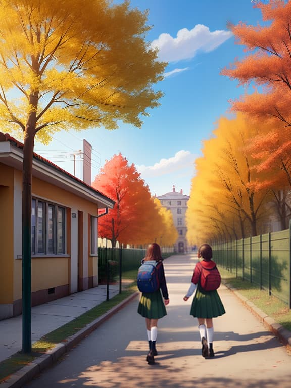  children go to school, autumn, sunny day, high accuracy. realism.