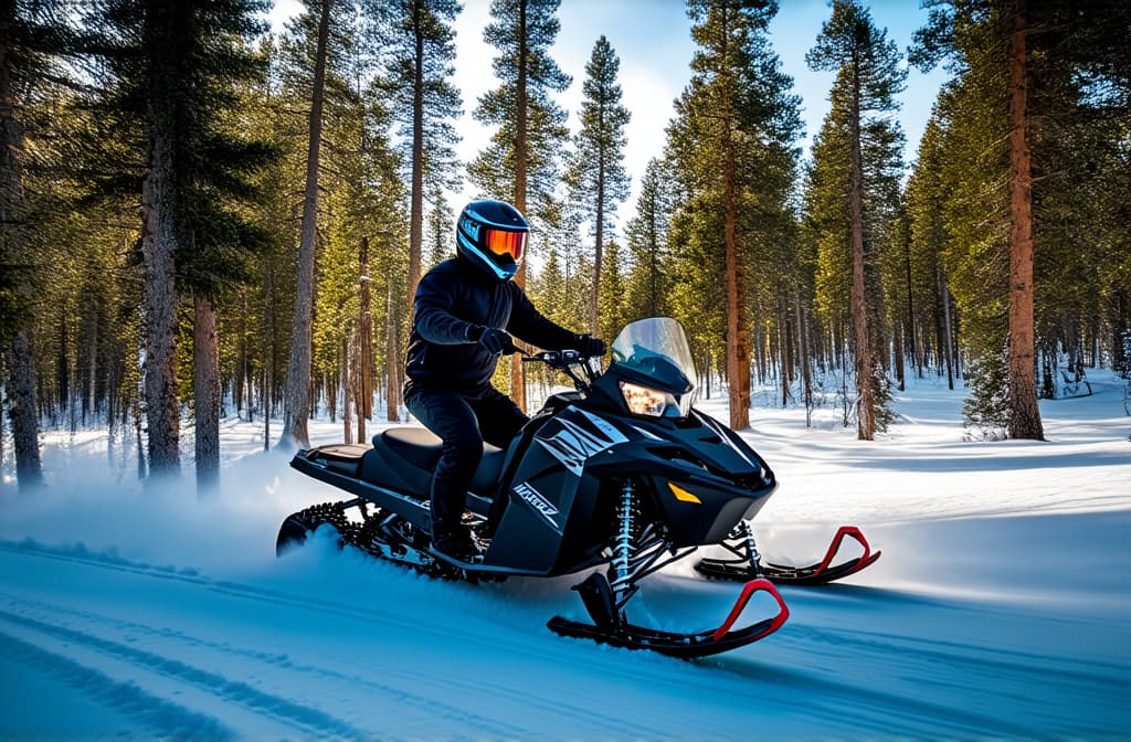  man in helmet rides a snowmobile through the forest, ar 3:2 {prompt}, maximum details