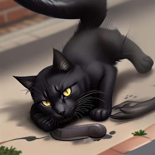  black painted cat crushed a rat with his paw