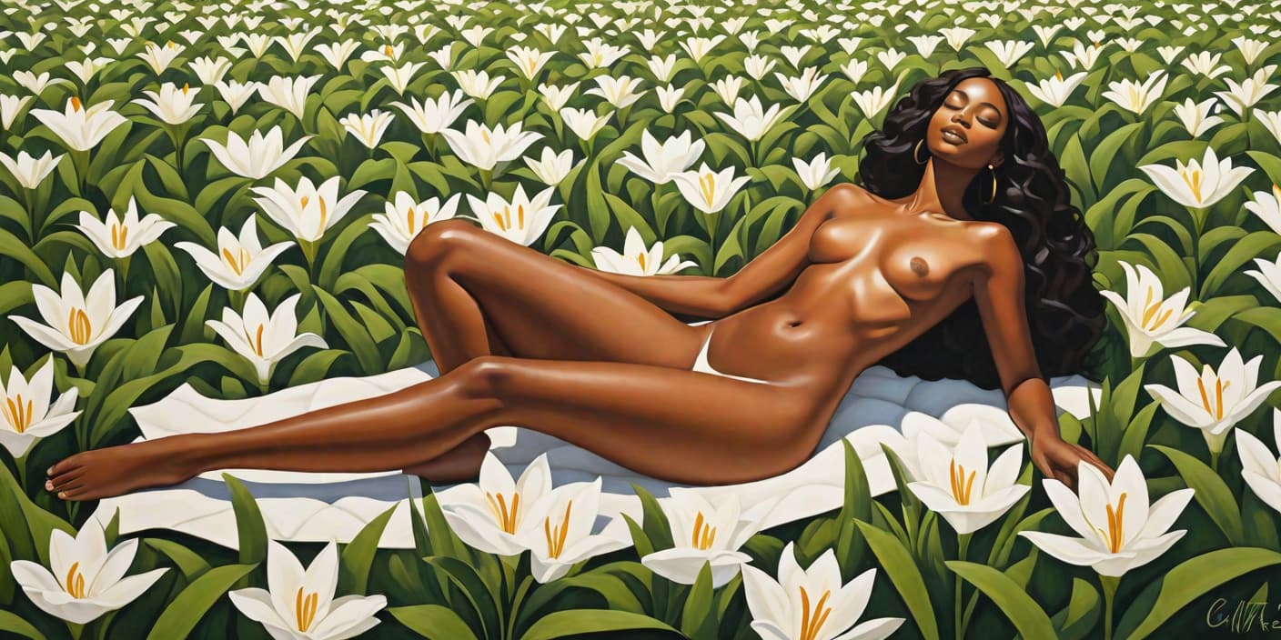  minimalism, painting of a beautiful black woman. she lays in a field of lilies. naked. she has brown legs. she has brown feet. she is in a shakti pose, abstract, simple geometic shapes, hard edges, sleek contours, minimalism