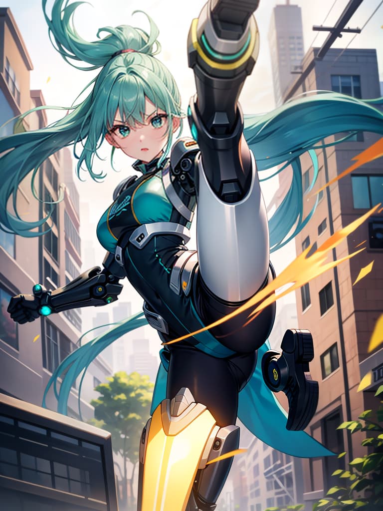  masterpiece,insanely detailed face,solo,girl,intelligence,genius,serious,cool,clear face,aqua hair,hair up,sidelocks,ring hair,humanoid,((mechanical joint)),((exoskeleton)),((mechanical legs)),green colored armor,pose,((kicking,high kick)),((incoming kick,incoming attack)),(standing on one leg),(outstretched foot,close up sole),blurr sole, looking at viewer,sense of movement,speed line,motion blurr,blurr fore ground,