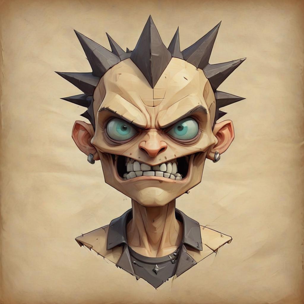  low poly style punkhead . low poly game art, polygon mesh, jagged, blocky, wireframe edges, centered composition, on parchment