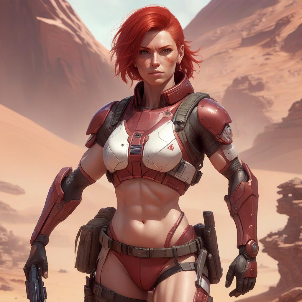  draw a full length female character, athletic build, red hair, the character lives on a distant colonized planet, specialization mercenary