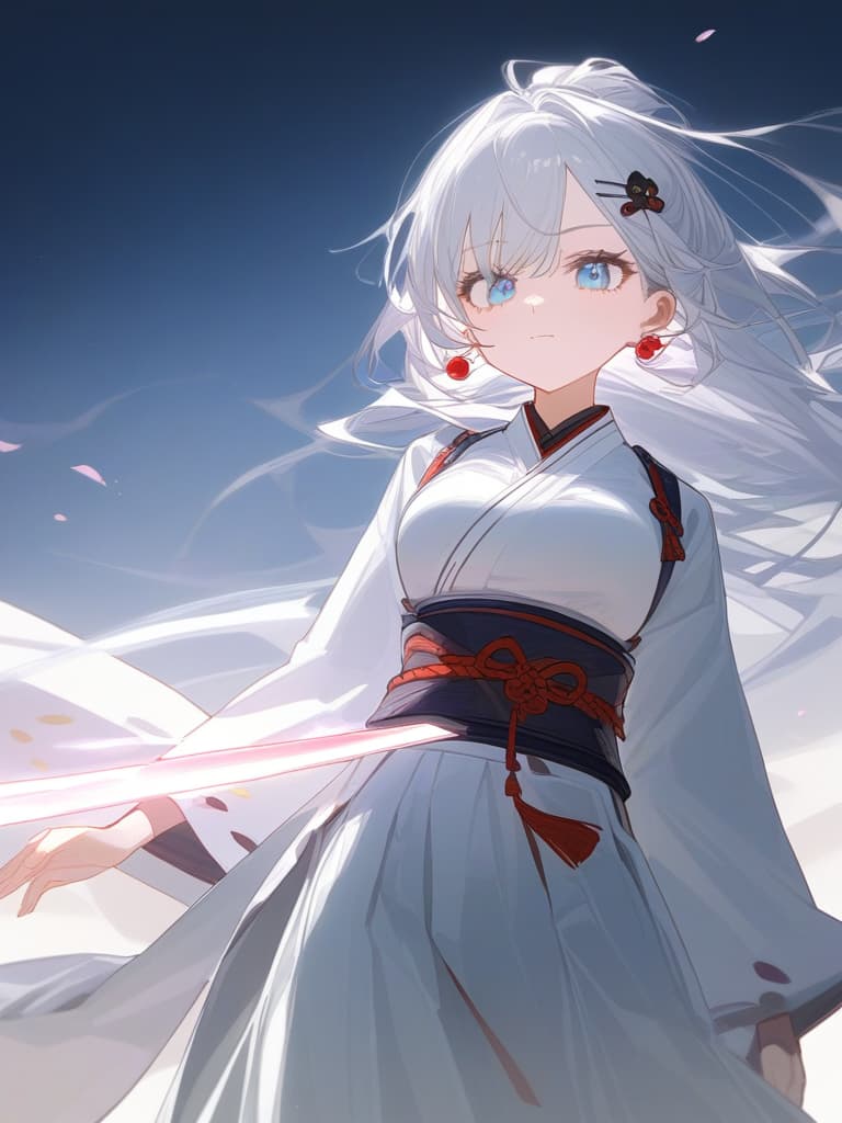  beauty girl,perfect girl,girl,white hakama,袴,hairpin,簪,japanese style,transparent sword,stinking eyes,ジト目,cool,beauty,cherry blossom earrings,turn this way,white hair,sky blue eyes,beautiful eyes,white eyelashes