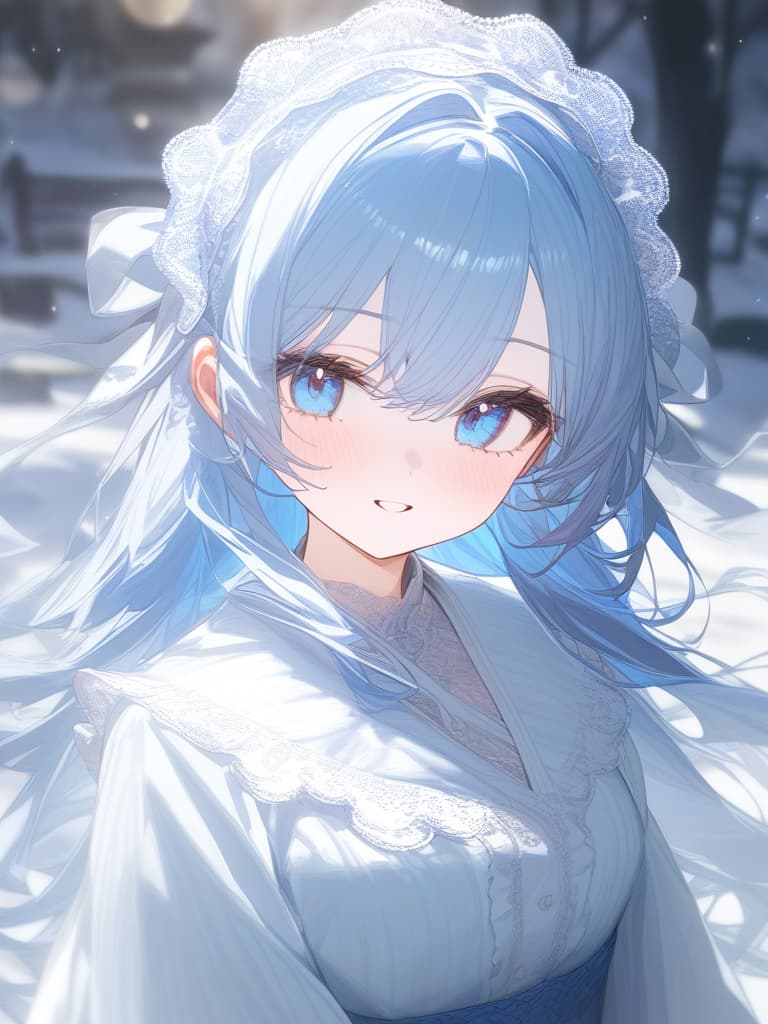  girls, white skin, light blue kimono, light blue eyes, blue eyes, white gradation hair color, long hair, snow, cute face, frill lace, headdress, solo, masterpiece, best quality,8k,ultra detailed,high resolution,an extremely delicate and beautiful,hyper detail