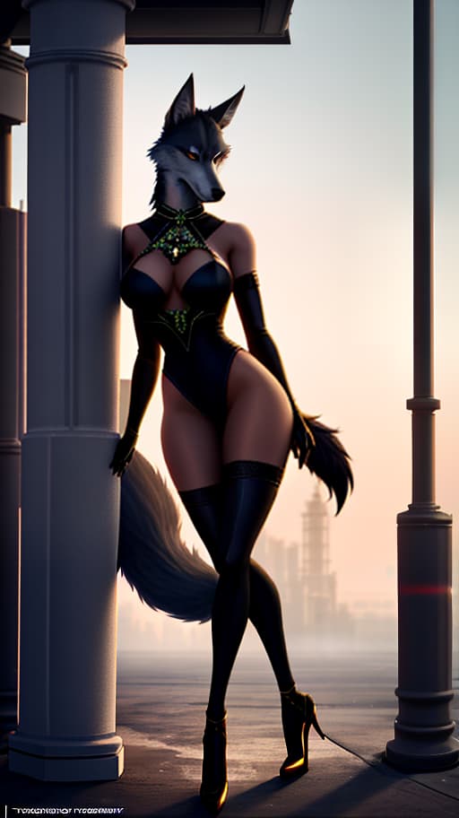  A wolf. Small s, leaning against a pole, facing away, ing her legs, over. hyperrealistic, full body, detailed clothing, highly detailed, cinematic lighting, stunningly beautiful, intricate, sharp focus, f/1. 8, 85mm, (centered image composition), (professionally color graded), ((bright soft diffused light)), volumetric fog, trending on instagram, trending on tumblr, HDR 4K, 8K