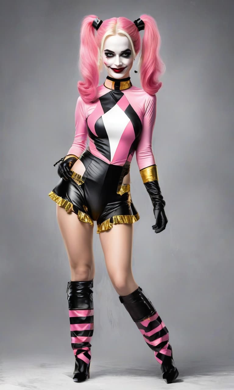  concept art pink, gold, black, white mystery margot robbins to the waist in the form of harley quinn costume . digital artwork, illustrative, painterly, matte painting, highly detailed, perfect hands