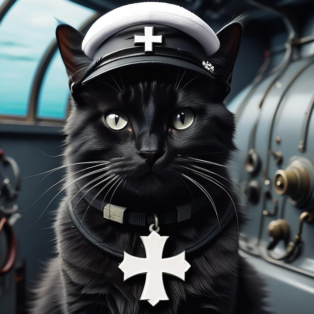  furry black cat with a german cross, in a white cap, in a submarine