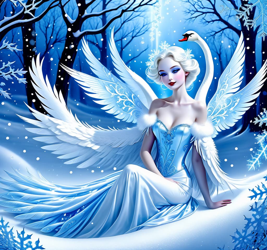  dreamscape thy name is (kiss the snow1,2) . ((key, (ice, blue1,6 sip)) ((blue eyed)) i've been jinxed ((snow singer1,8) . ((snow swan)) ((the snow swan)) feathers at my feet.( feathers flutter and slowly sink into the snow). (snow white swan): the head and body are creamy white with a silvery tint. wings of white blue colour from snowflakes (roses): light blue colour with leaves from ice crystals. background:soft blue with delicate patterns of falling snow and curls of blizzards, ice patterns on water.(style):fantasy, romantic art, silver age poetry, 19th century, dedication. . surreal, ethereal, dreamy, mysterious, fantasy, highly detailed, civitai, hkmagic