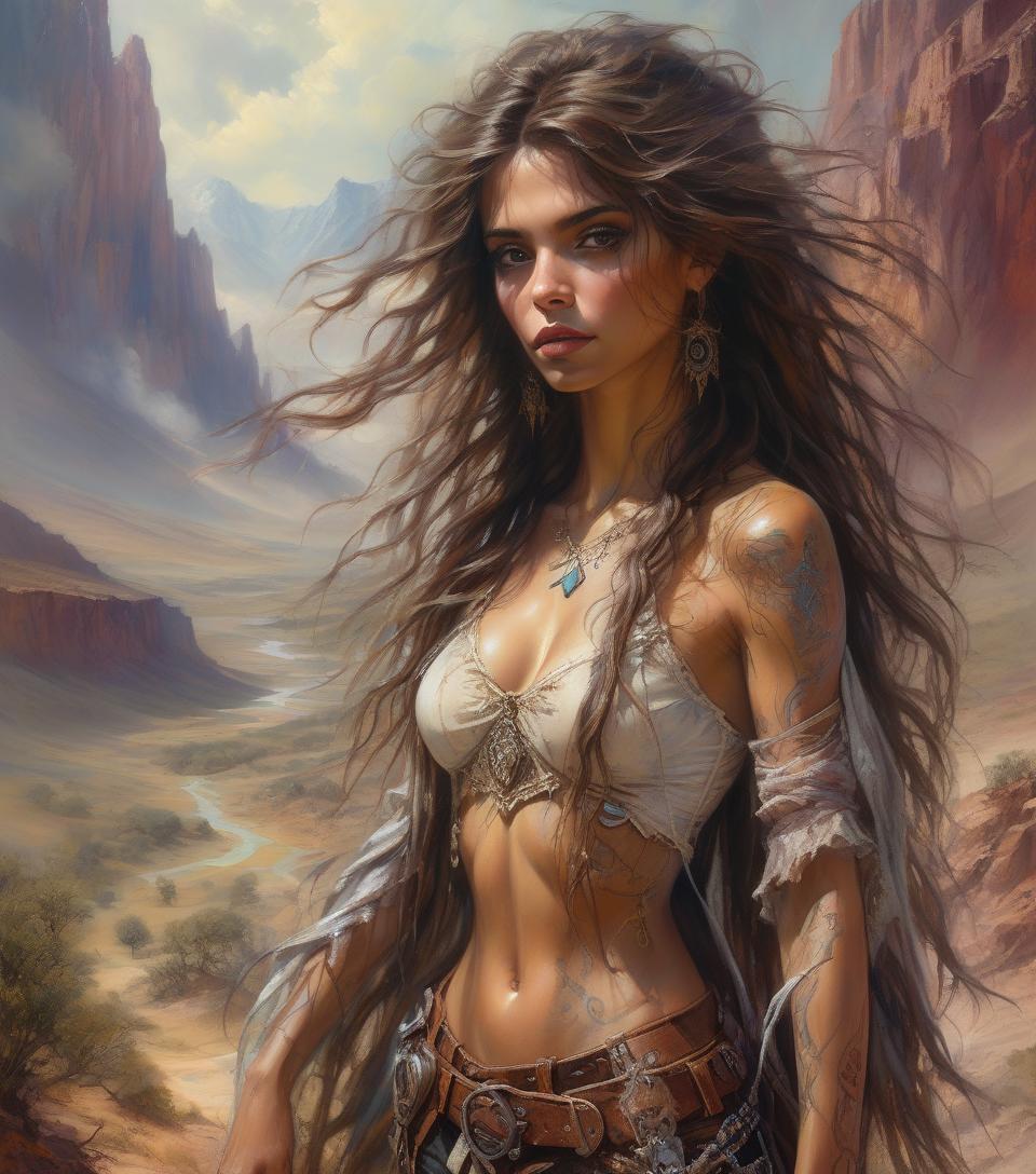  hyper realistic digital painting of a beautiful girl, dark brown eyes, long messy hair, wild west mountains, in a surreal and fantasy setting, combining the artistic styles of jose royo, boris vallejo, julie bell, carne griffiths and brian froud, precise anatomy, with centered symmetrical composition, volumetric lighting, rays, bright color reflections