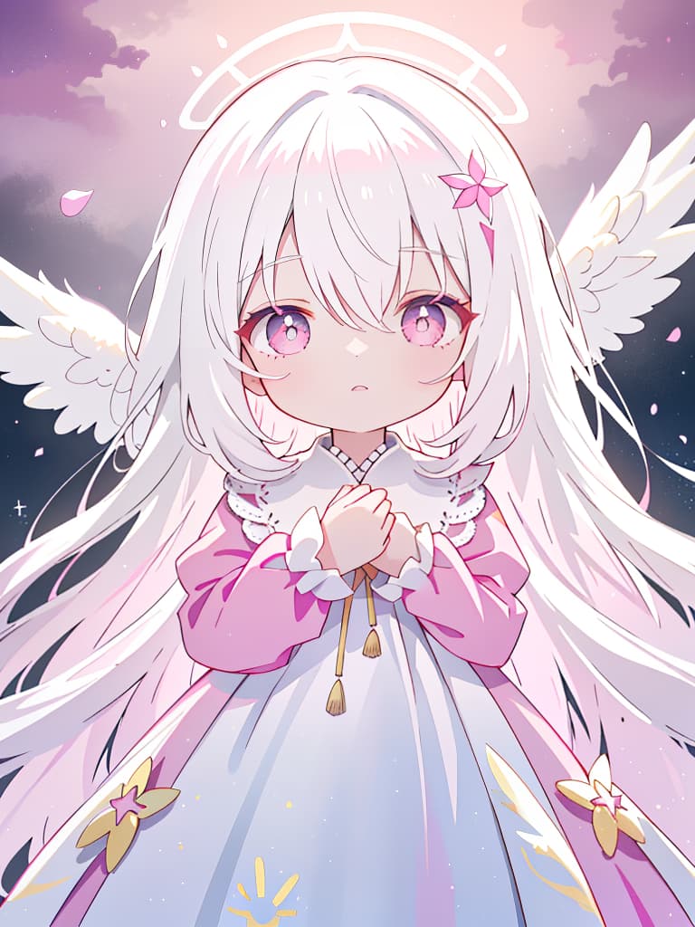  white hair, hair tip dark pink, gradation, angel, long hair, children, masterpiece, best quality,8k,ultra detailed,high resolution,an extremely delicate and beautiful,hyper detail